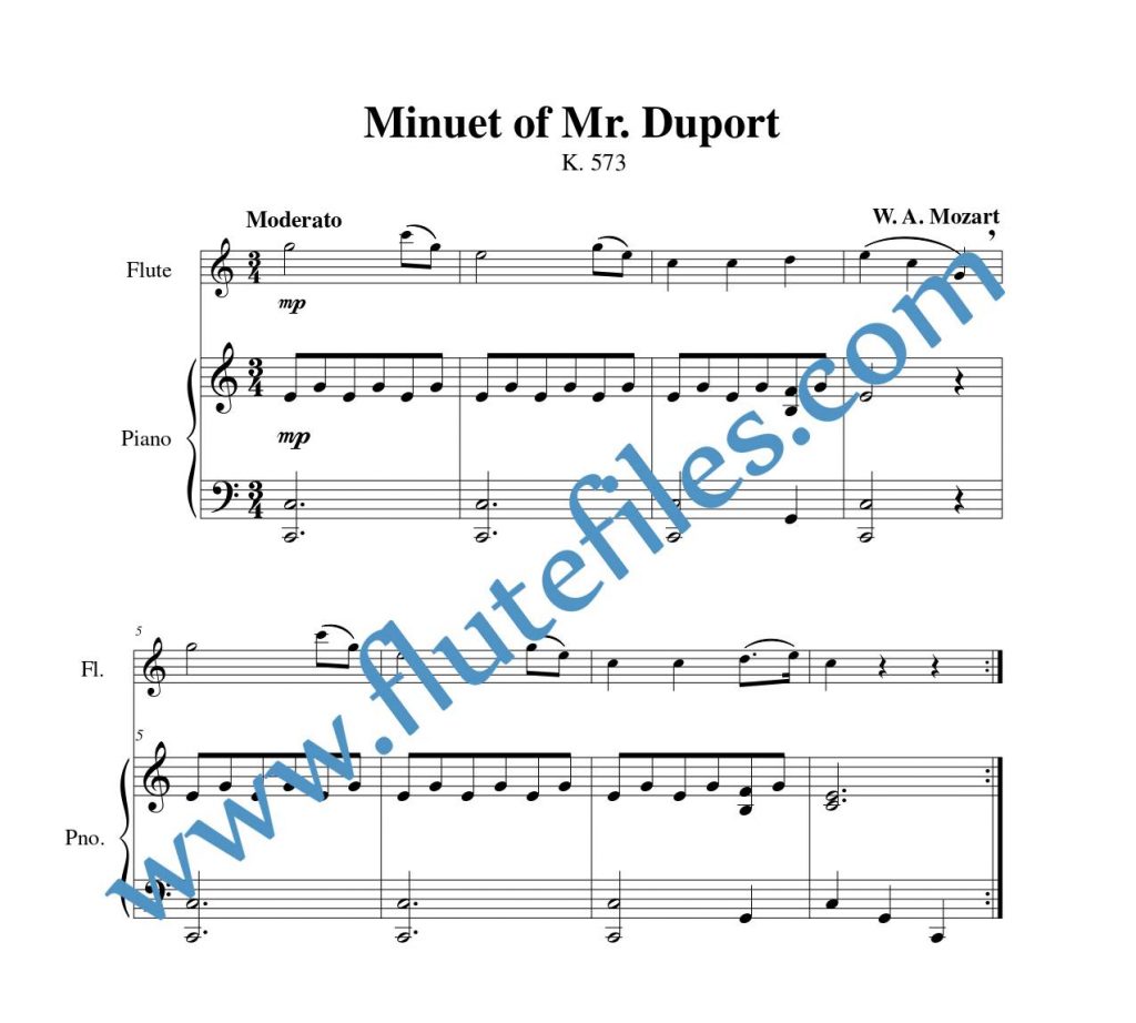 Piano accompaniment part for Minuet, K. 573 flute solo sheet music by Mozart