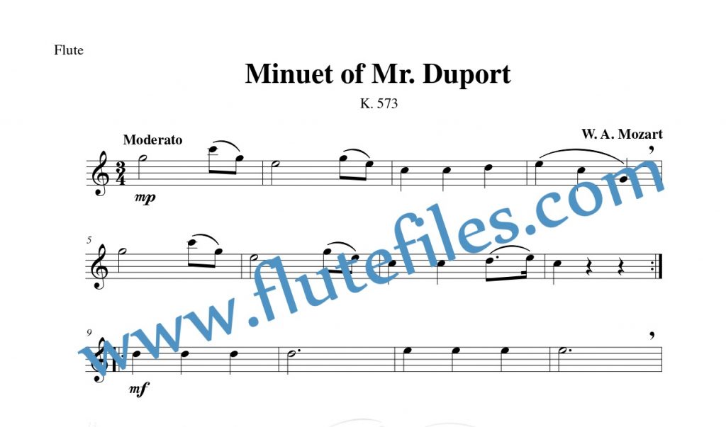 Flute part for Minuet, K. 573 flute solo sheet music by Mozart
