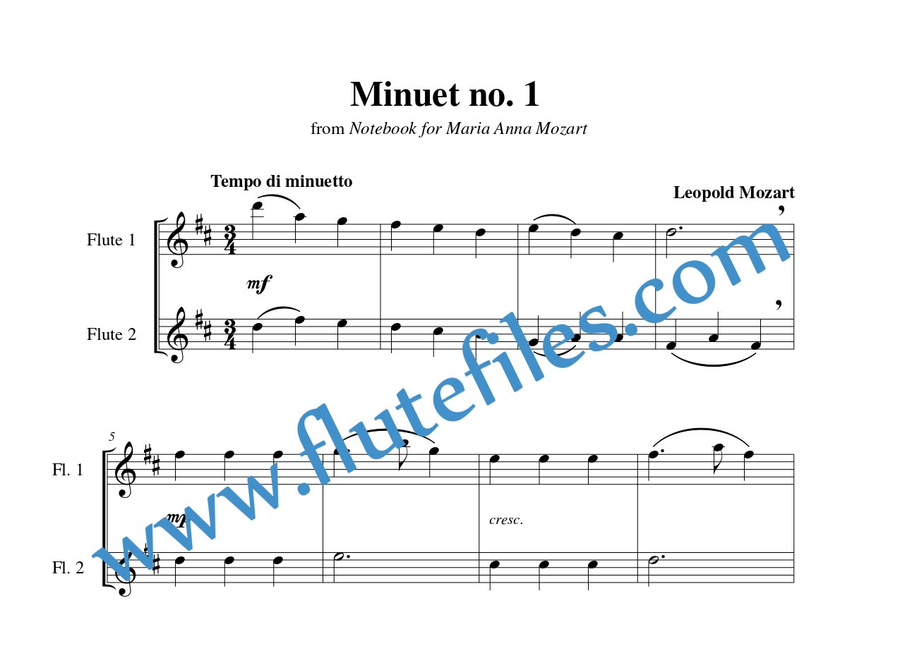 Minuet no. 1 flute duet sheet music by Leopold Mozart