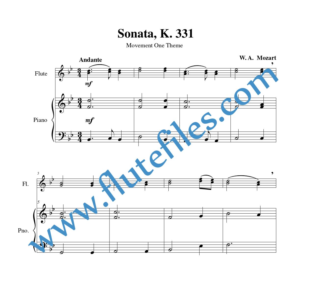 Piano accompaniment part for Sonata, K 331 Theme flute duet and piano sheet music by Mozart