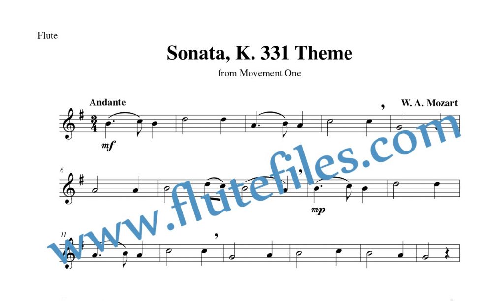 Flute part for Sonata, K. 331 Theme flute solo sheet music by Mozart