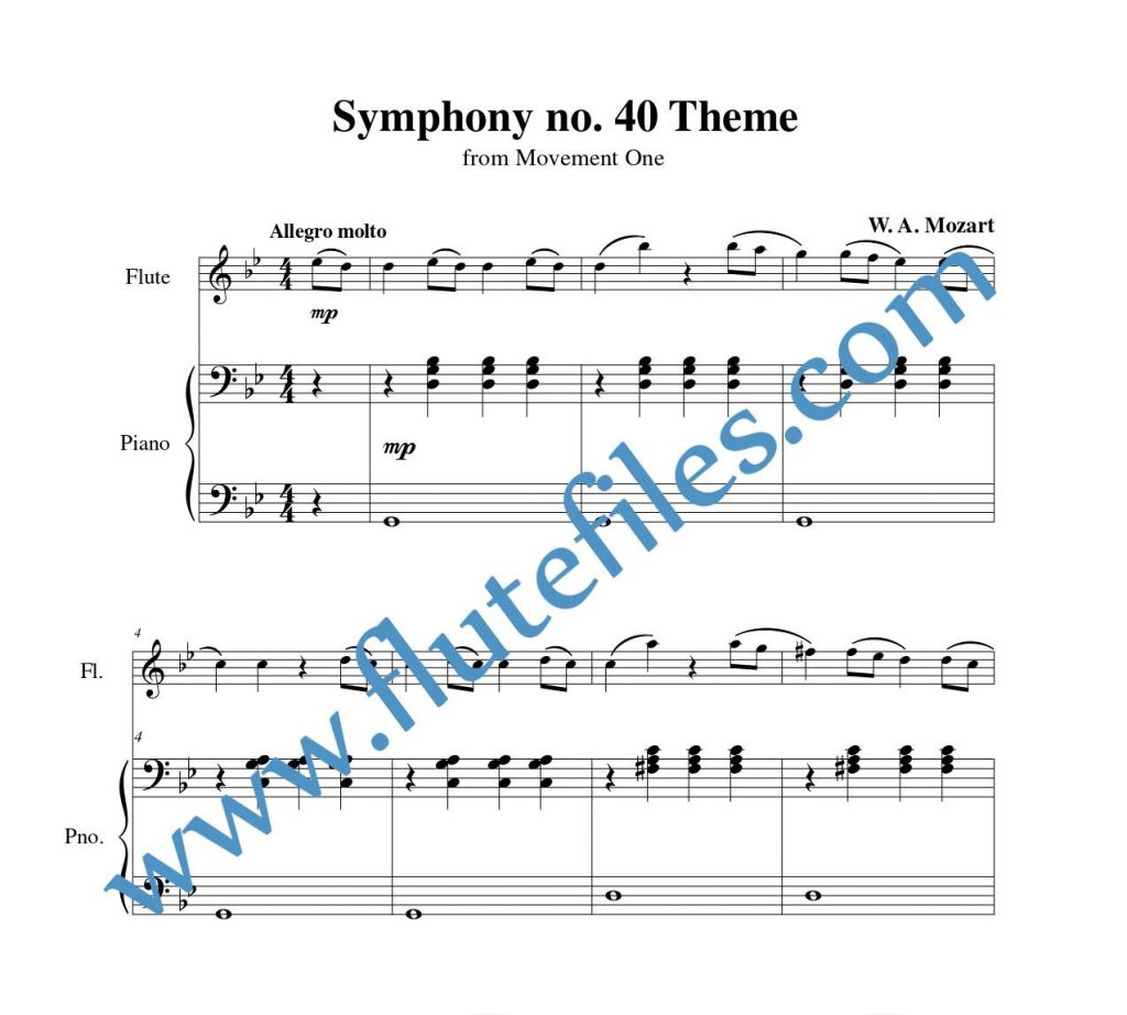 Piano accompaniment part for Symphony no. 40 Theme flute solo sheet music by Mozart