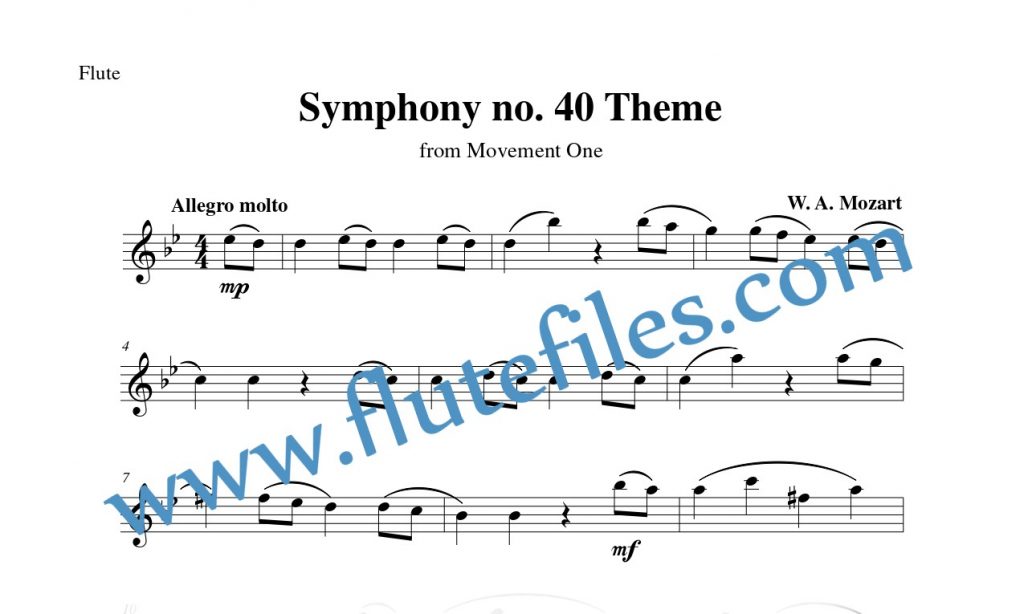 Flute part for Symphony no. 40 Theme flute solo sheet music by Mozart