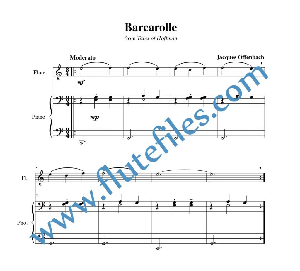 Piano accompaniment part for Barcarolle flute solo sheet music by Offenbach