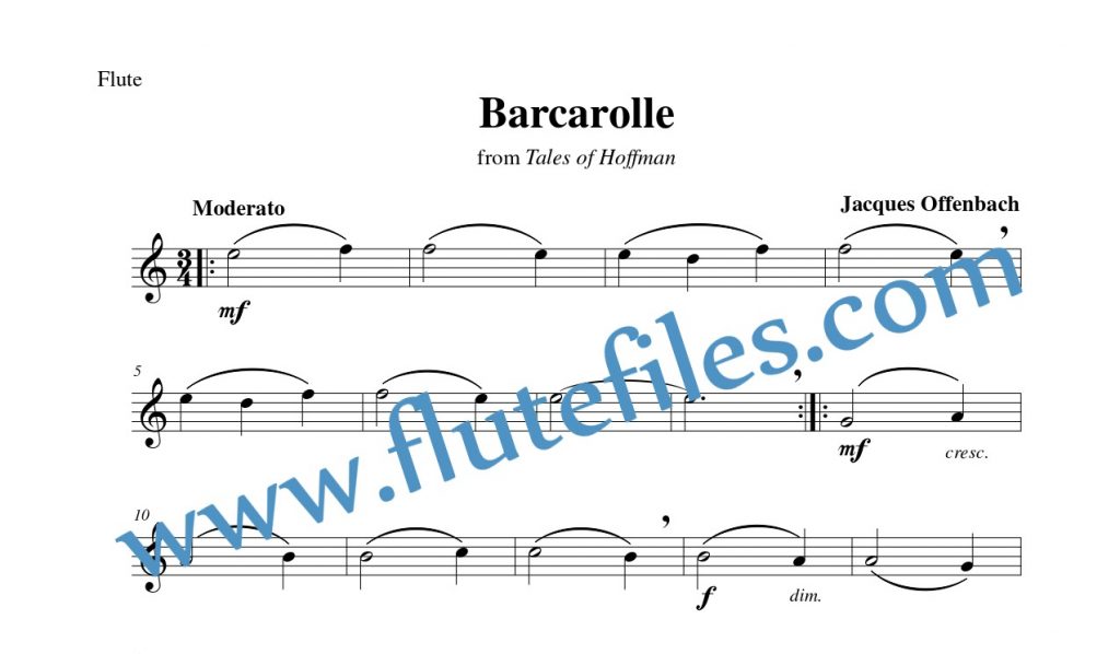 Flute part for Barcarolle flute solo sheet music by Offenbach