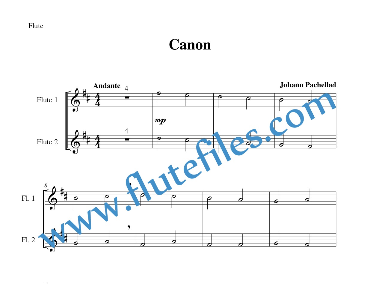 Flute part for Canon flute duet and piano sheet musicby Pachelbel