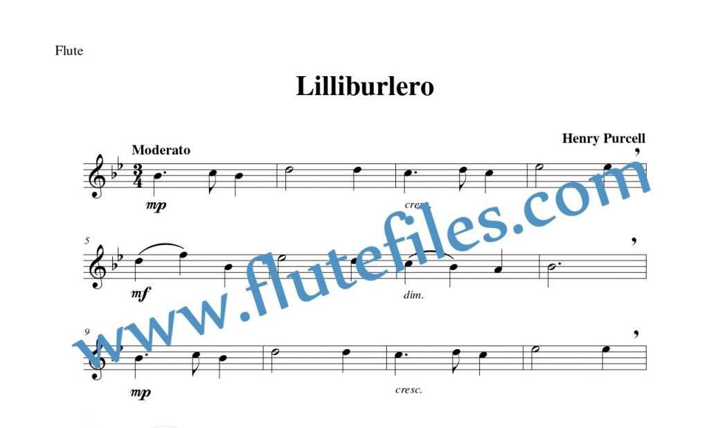 Flute part for Lilliburlero flute solo sheet music by Purcell