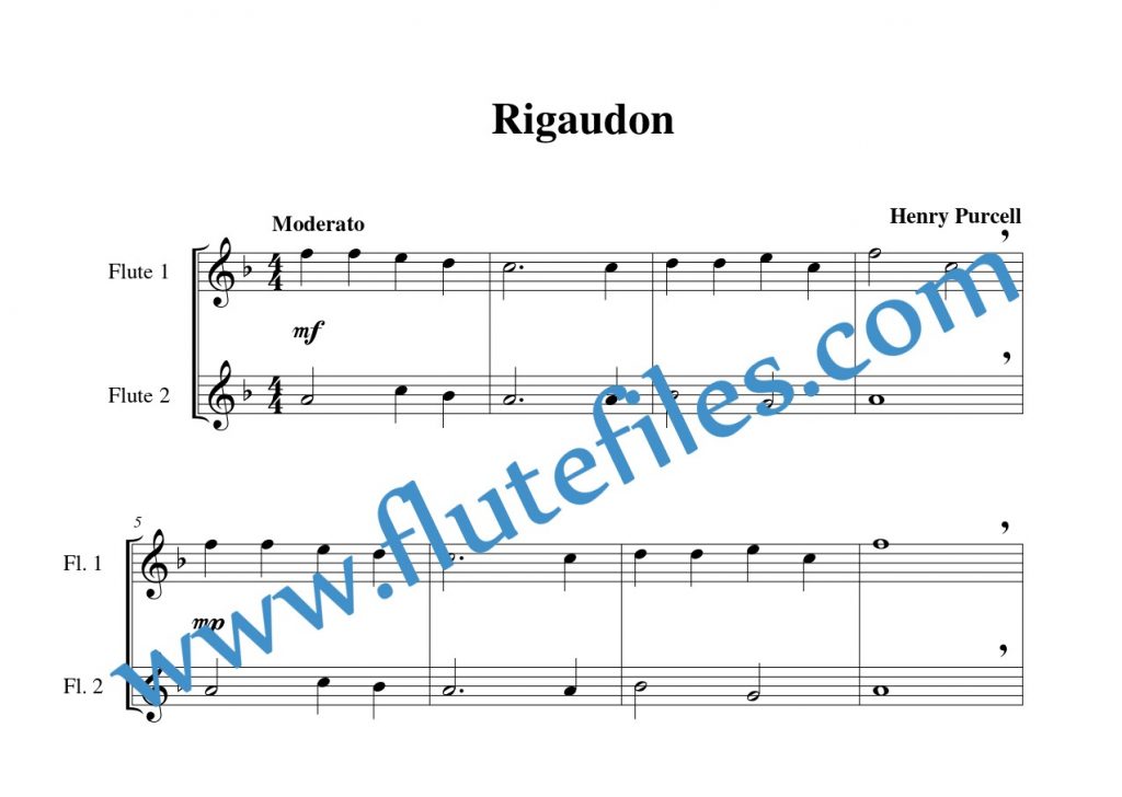 Rigaudon, Z. 653 flute duet sheet music by Purcell