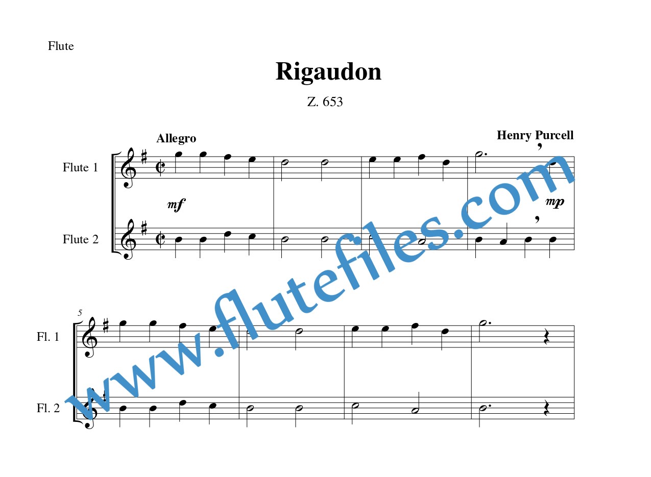 Flute part for Rigaudon, Z. 653 flute duet and piano sheet music by Purcell