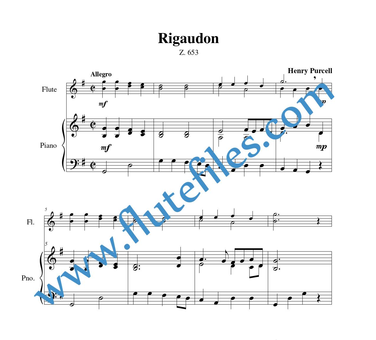 Piano accompaniment part for Rigaudon, Z. 653 flute duet and piano sheet music by Purcell