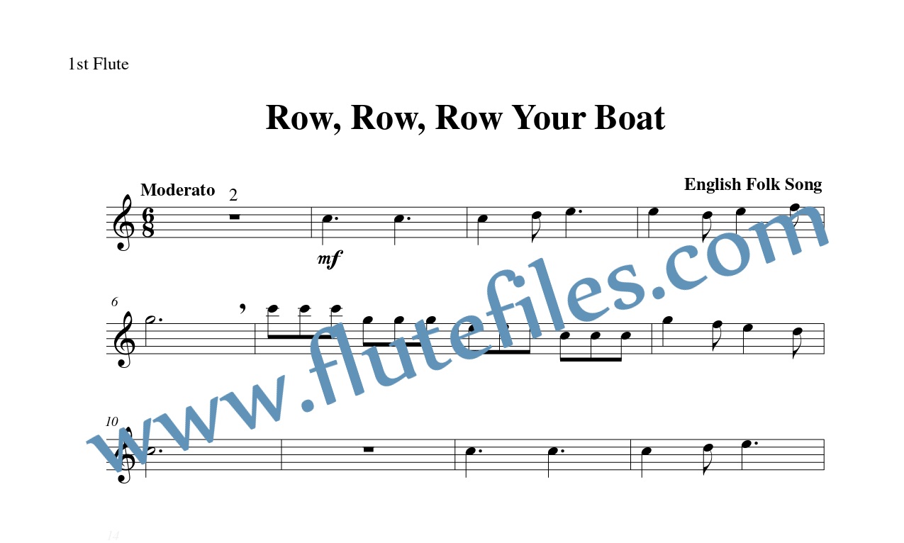 1st Flute part for Row, Row, Row Your Boat flute trio and piano sheet music