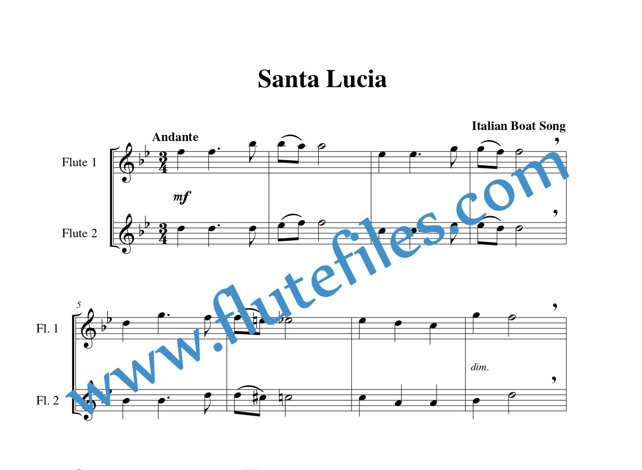 Flute part for Santa Lucia flute duet and piano sheet music