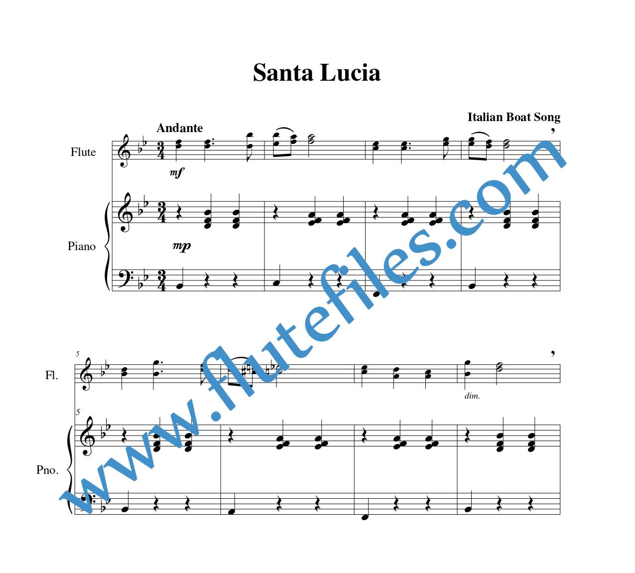 Piano accompaniment part for Santa Lucia flute duet sheet music