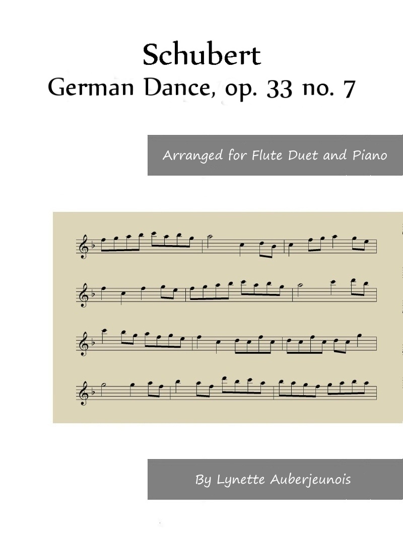 Sheet music cover for German Dance, op. 33 no. 7 flute duet and piano by Schubert 