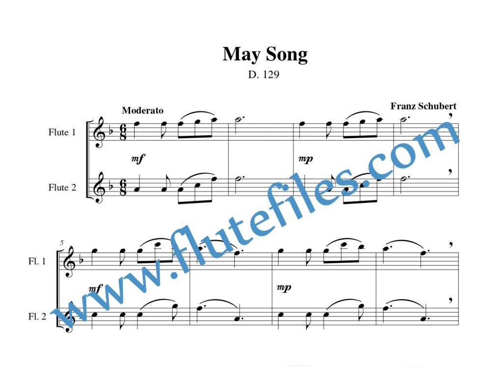 May Song, D. 129 flute duet sheet music by Schubert