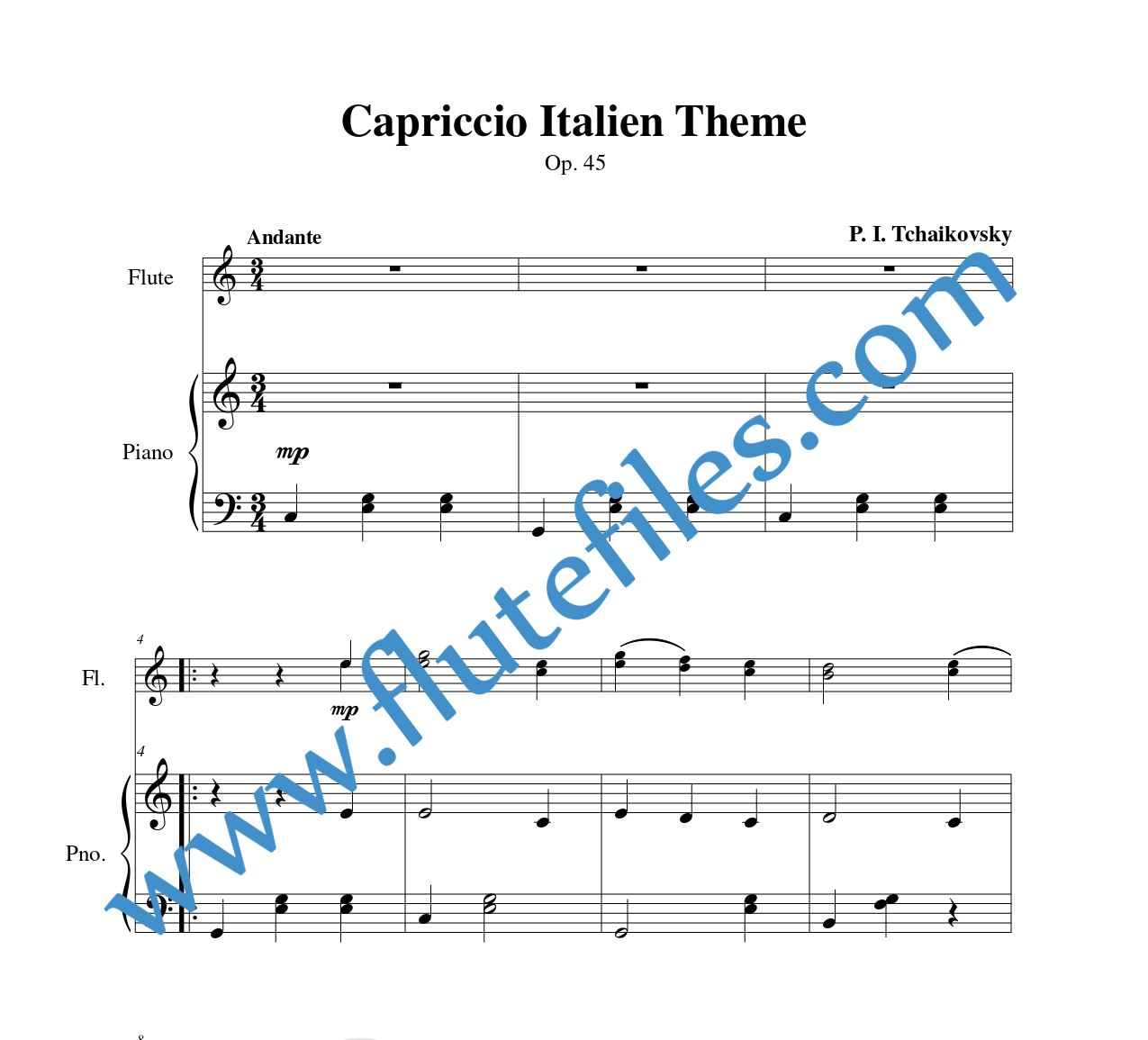 Piano accompaniment part for Capriccio Italien Theme flute duet and piano sheet music by Tchaikovsky