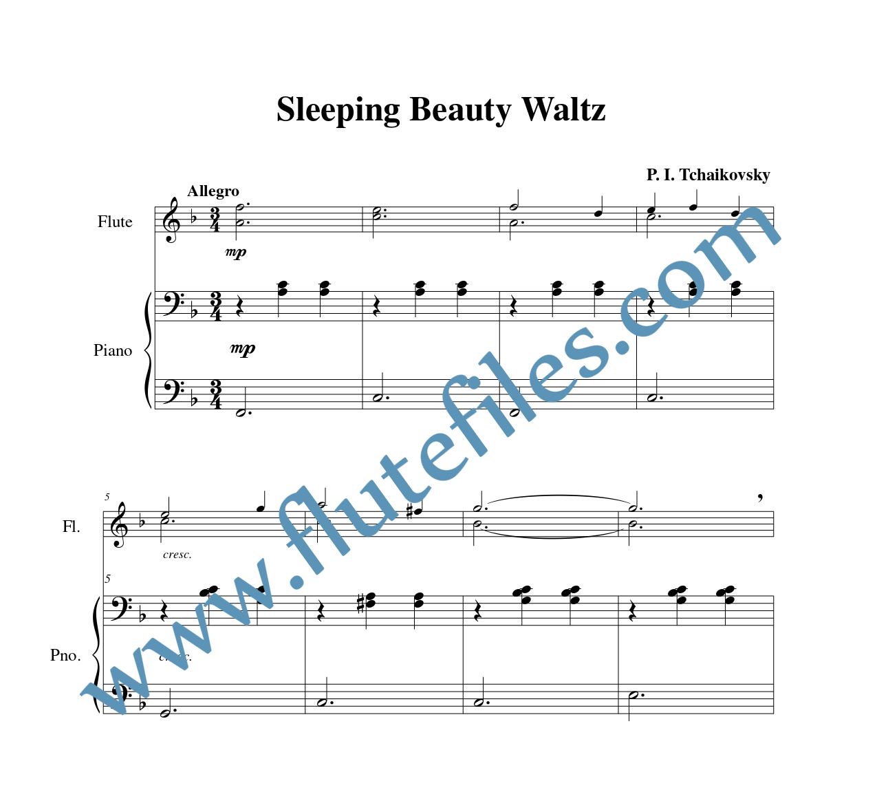 Piano accompaniment part for Sleeping Beauty Waltz flute duet and piano sheet music by Tchaikovsky