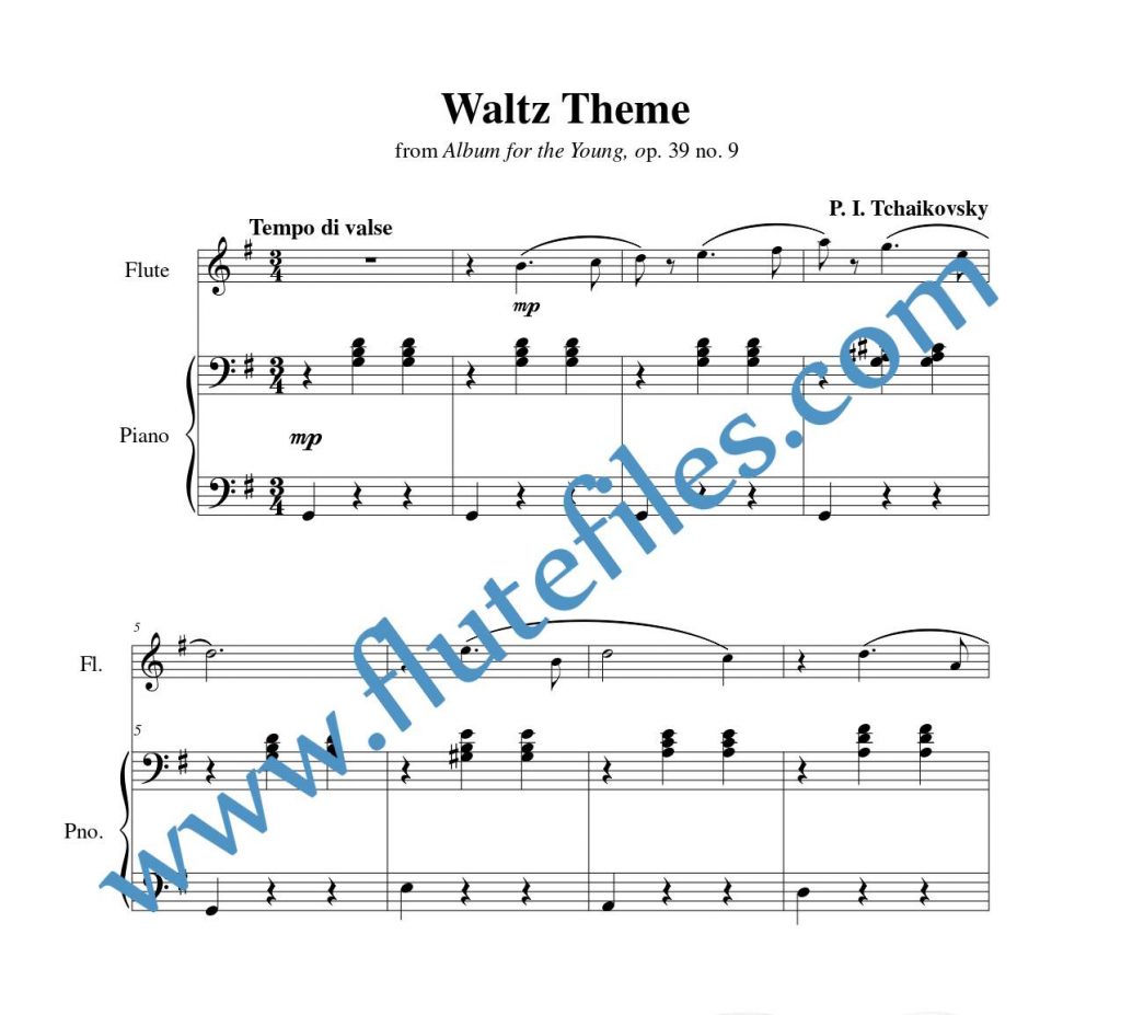 Piano accompaniment part for Waltz Theme, op. 39 no. 9 flute solo sheet music by Tchaikovsky