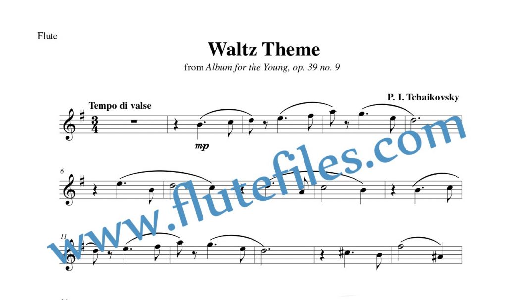 Flute part for Waltz Theme, op. 39 no. 9 flute solo sheet music by Tchaikovsky