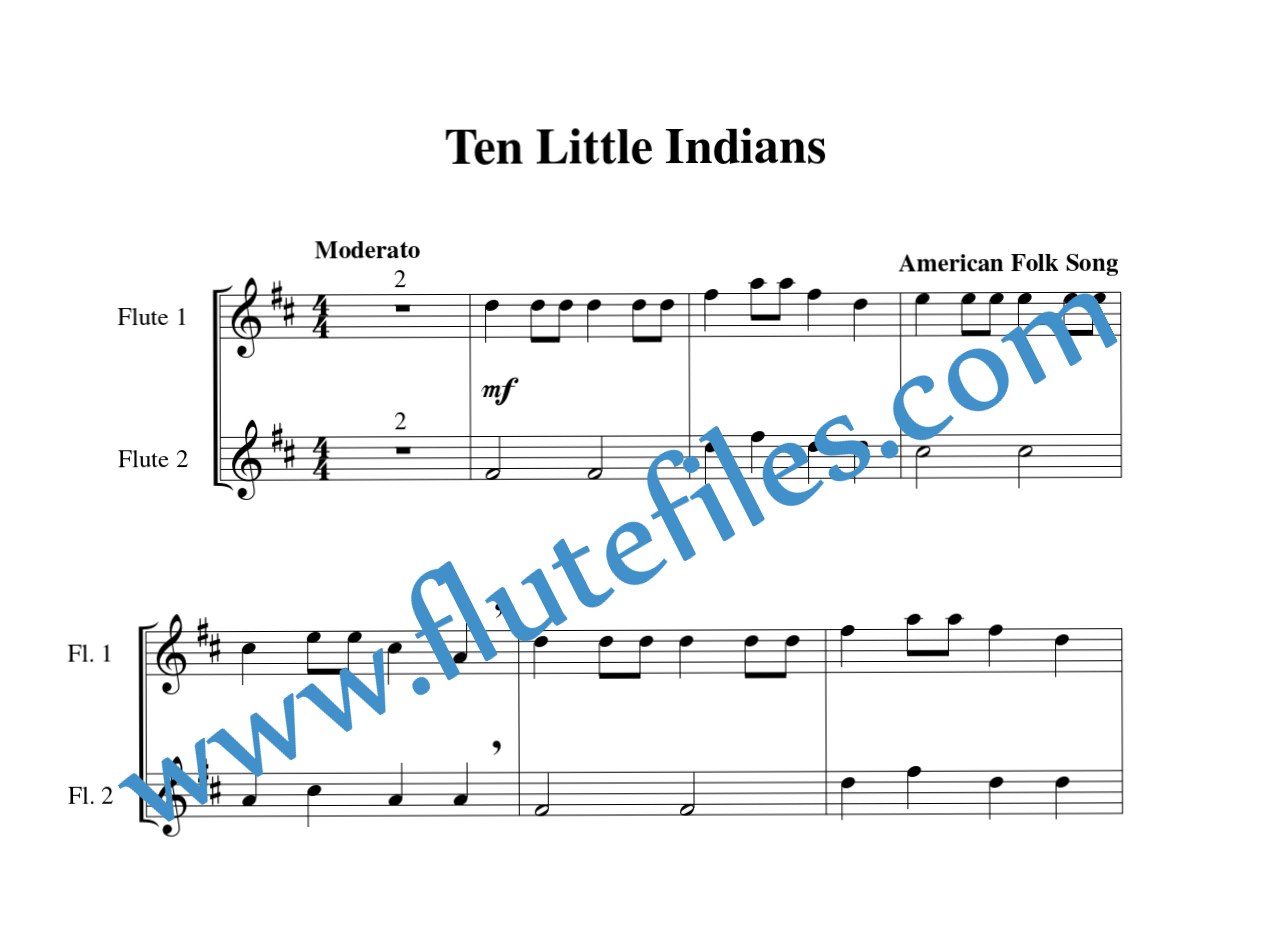 Flute part for Ten Little Indians flute duet and piano sheet music