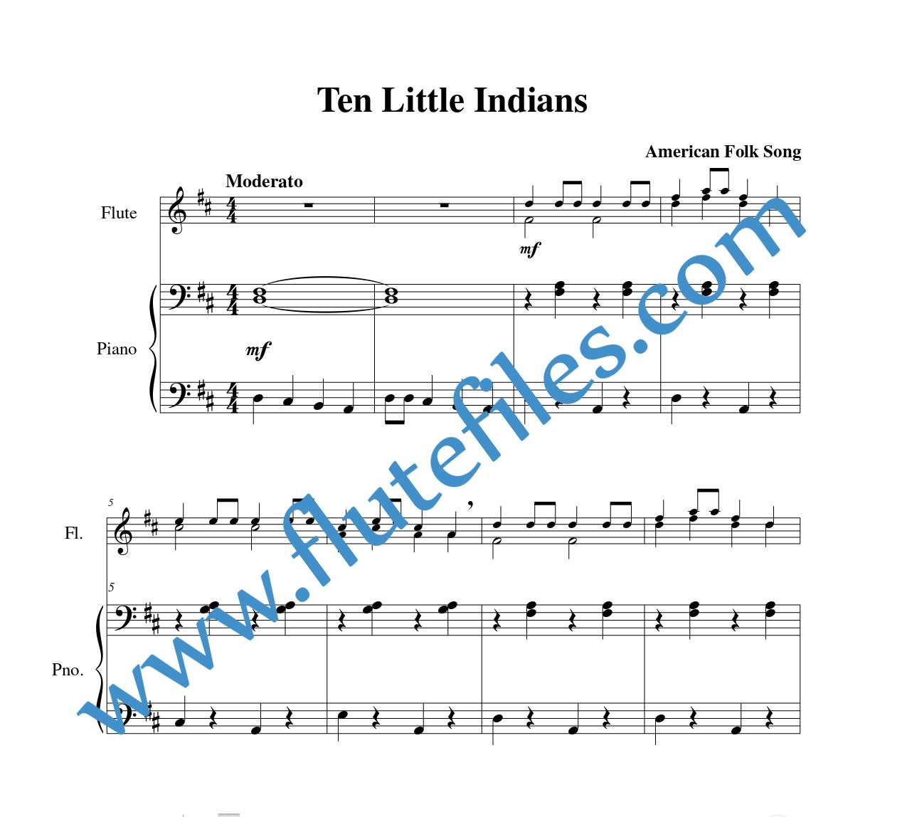 Piano accompaniment part for Ten Little Indians flute duet sheet music