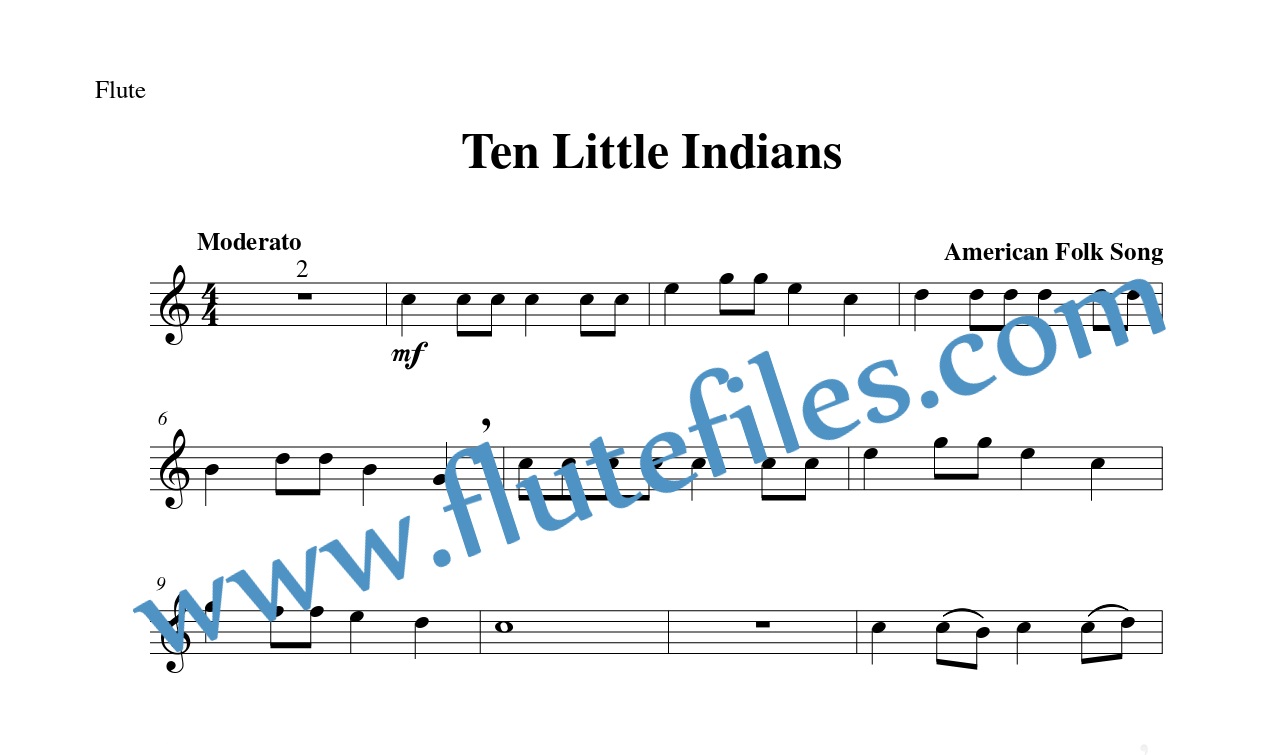 Flute part for Ten Little Indians flute solo sheet music
