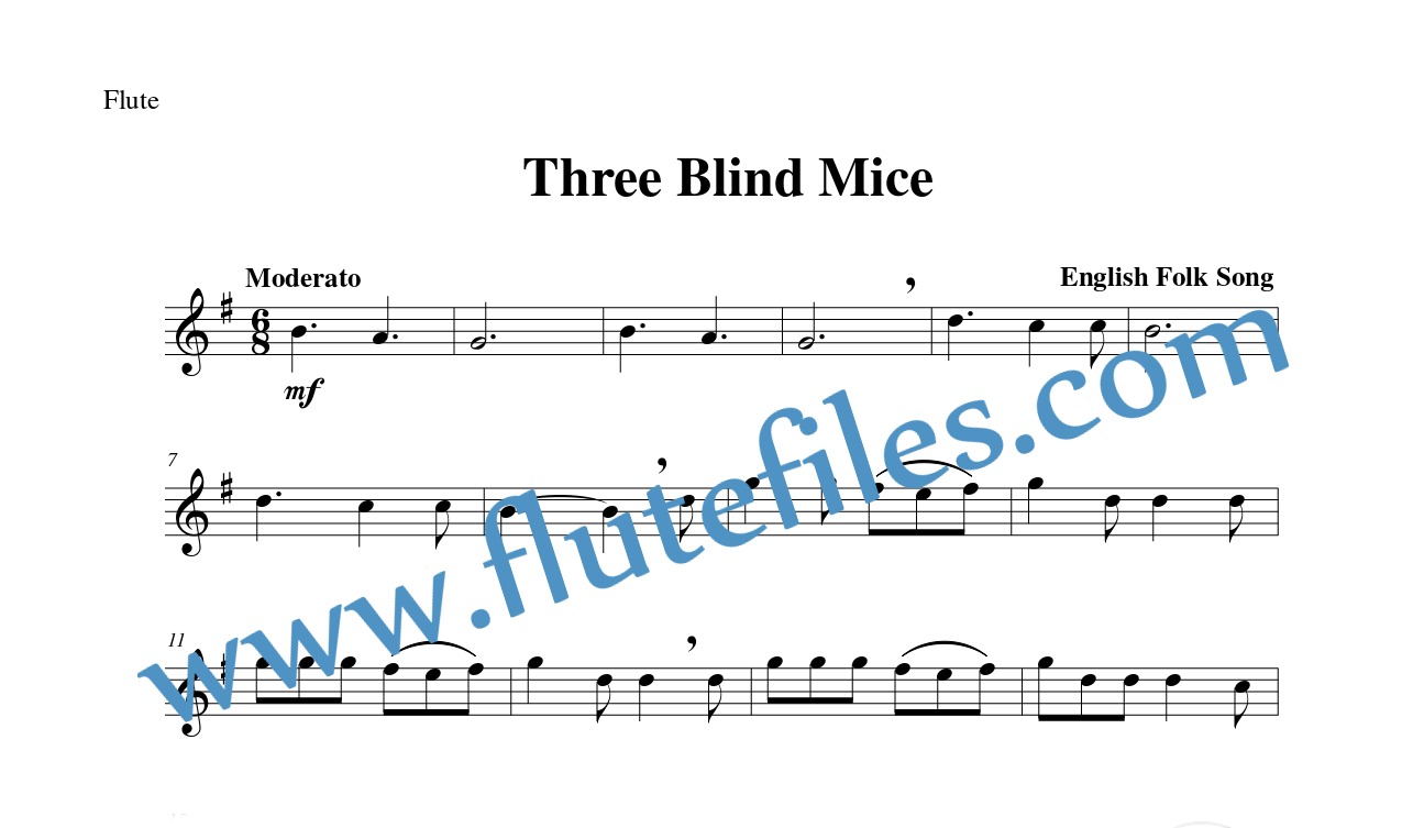 Flute part for Three Blind Mice flute solo sheet music