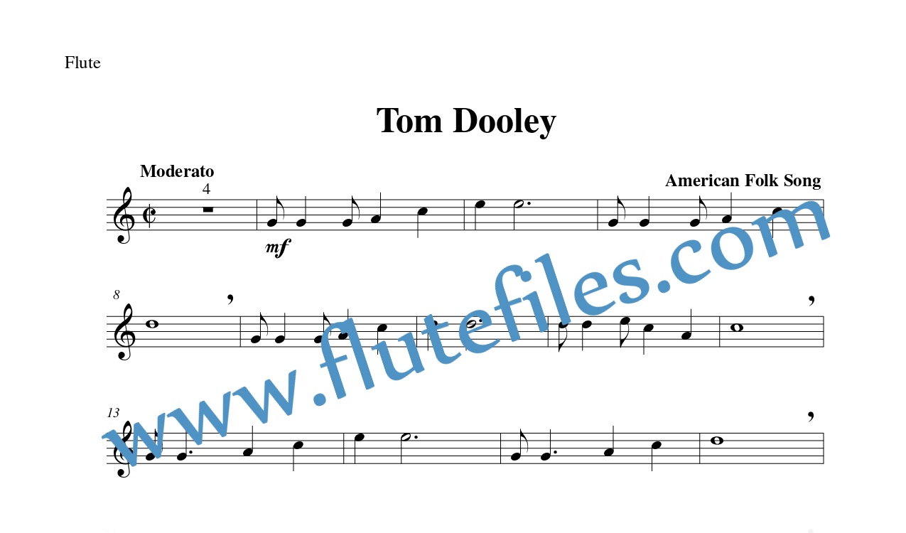 Flute part for Tom Dooley flute solo sheet music