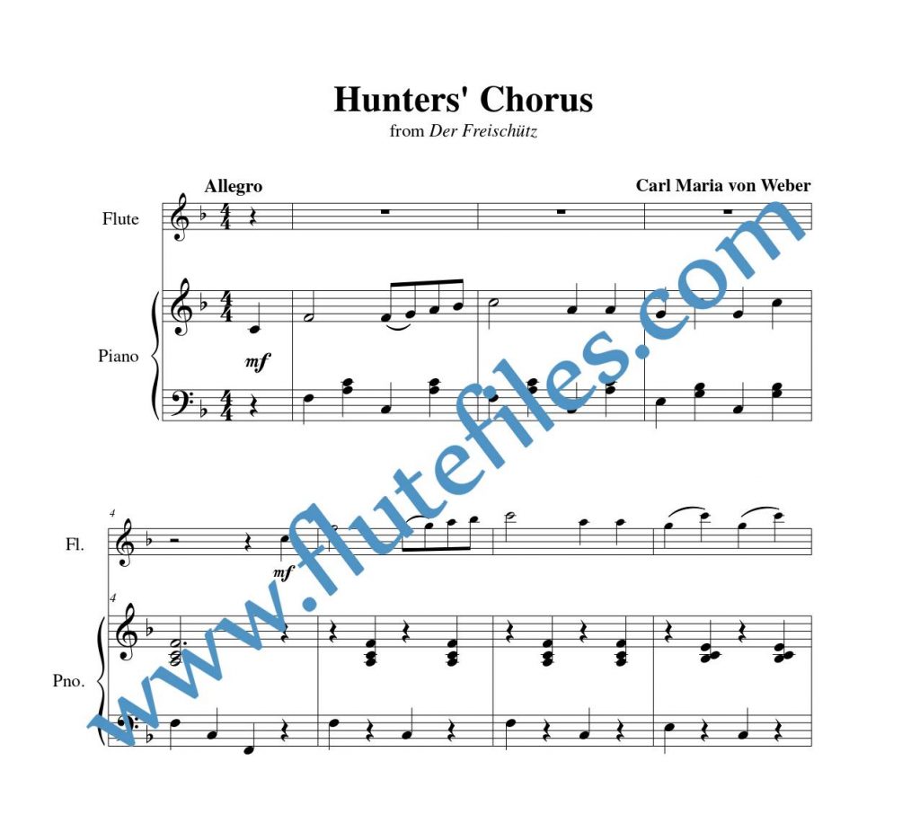 Piano accompaniment part for Hunters Chorus flute solo sheet music by Weber