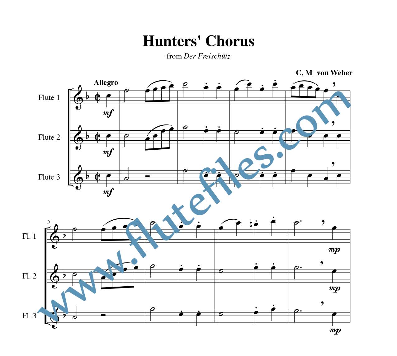 Hunters’ Chorus flute trio sheet music by Weber