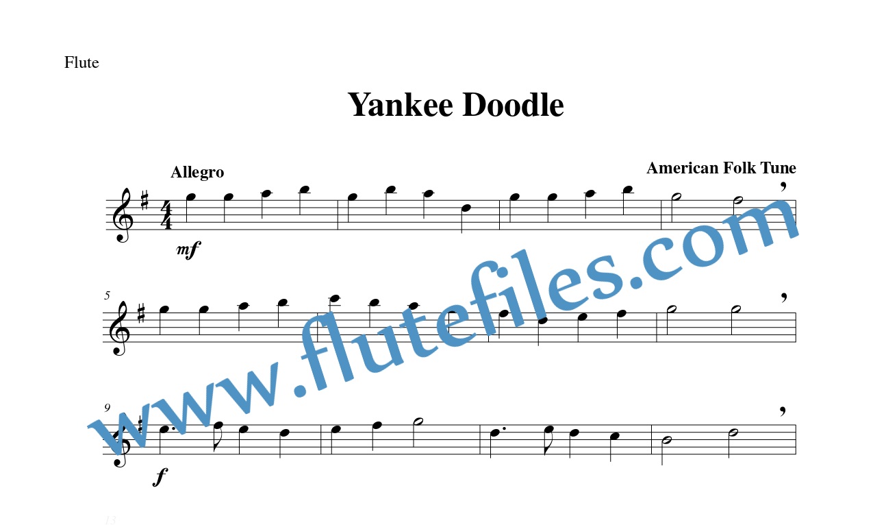 Flute part for Yankee Doodle flute solo sheet music