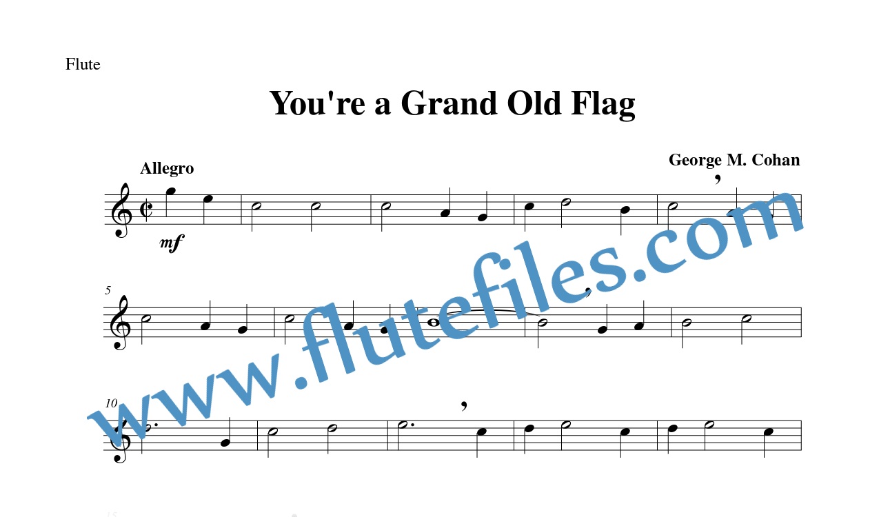 Flute part for Youre a Grand Old Flag flute solo sheet music